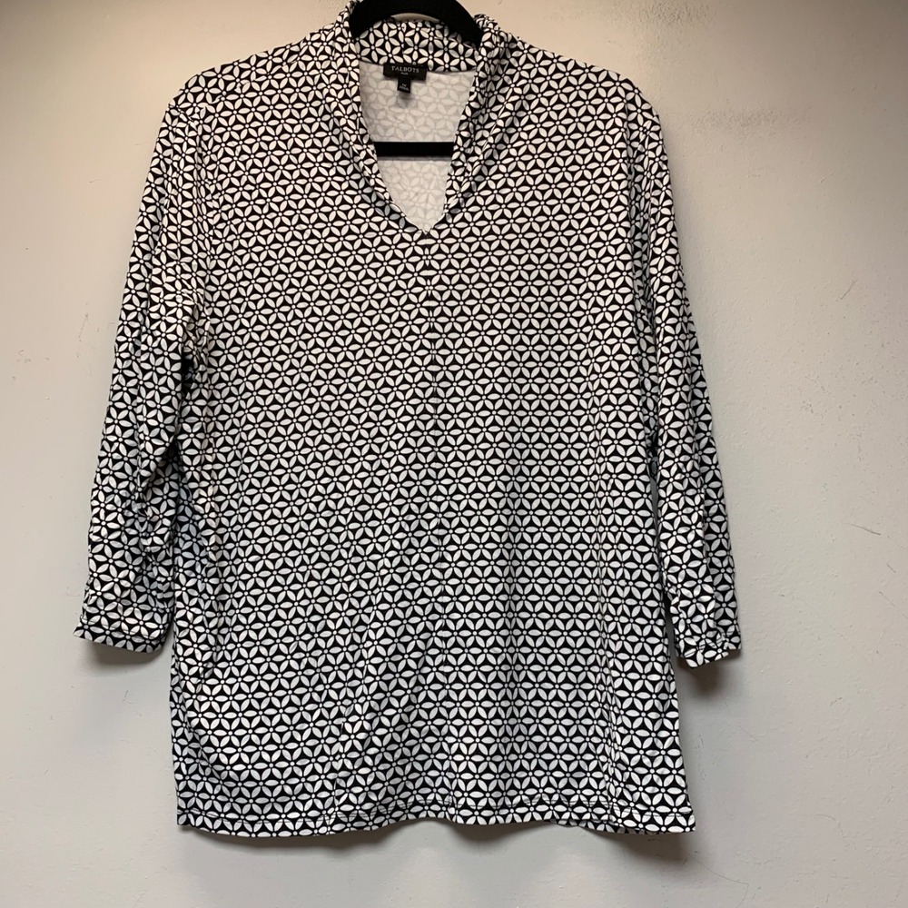 Talbots Tunic Top Plus 1X Black White Excellent Geometric Floral Split Neck